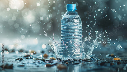 A clean water plastic bottle with water splash and drops.