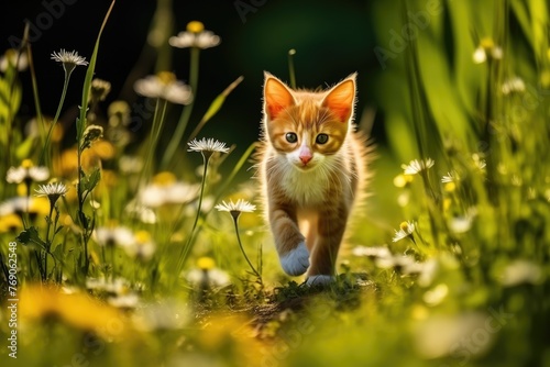 Pretty kitten walking outdoors in the spring garden with flowers
