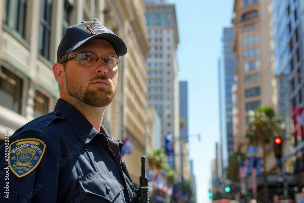 A police officer stands on a city street with a gun in his hand A police officer stands on a city street with a gun in his hand