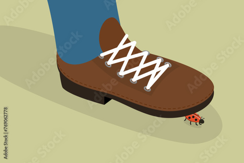 3D Isometric Flat Vector Illustration of Step on a Ladybug, A bug under a Shoe