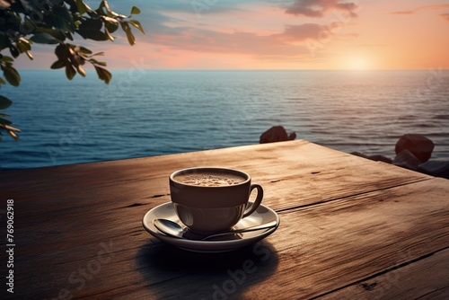 A morning hot coffee on the table on a sea background