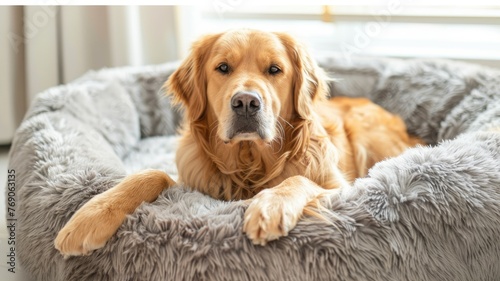 Resting dog in a comfortable pet bed - A golden retriever lies snugly in a round, plush dog bed with eyes gently gazing forward in a home environment