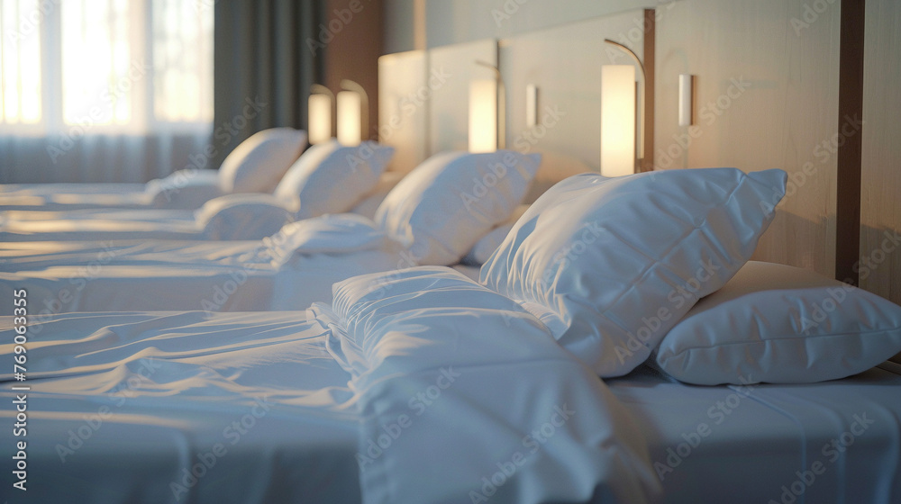 Fototapeta premium Neatly Made Beds in Vacant Hotel Rooms