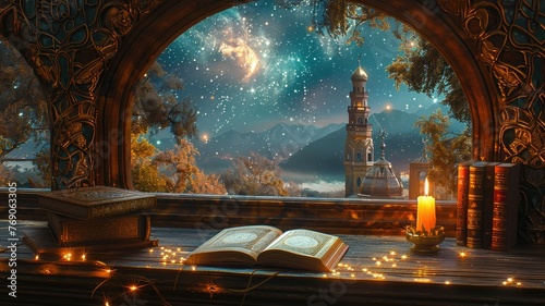 Starry night over an enchanting library window - Magical depiction of a starry sky visible from an ornate window with books, highlighting the allure of reading