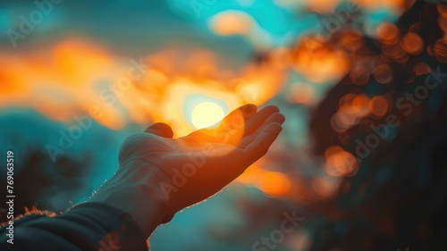 Sunset warmth in open hand close-up - An open hand reaches out towards a sublime sunset with a bokeh background, conveying warmth and hope