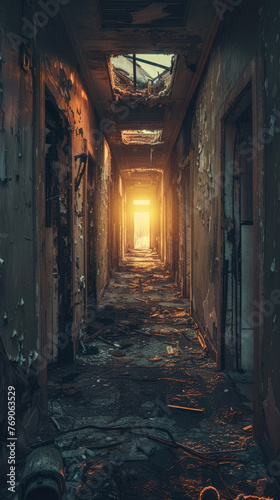 Sunlight shining through a decrepit hallway - An eerie, abandoned corridor with peeling walls illuminated by a strong light at the end, invoking a sense of mystery and desolation