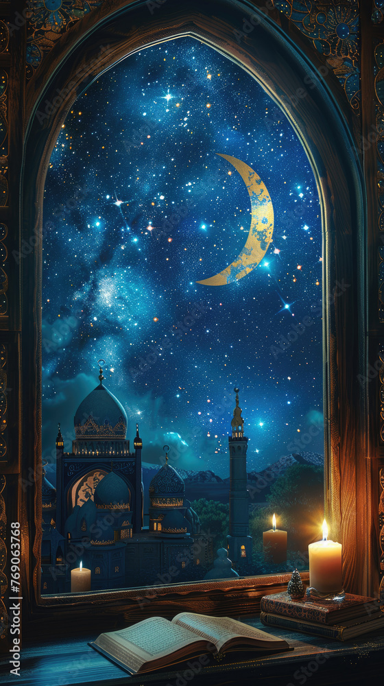 Window view of an ornate mosque in a starry night - A serene image of an ornate window framing the tranquil view of a mosque under a crescent moonlit starry sky with candles and a book