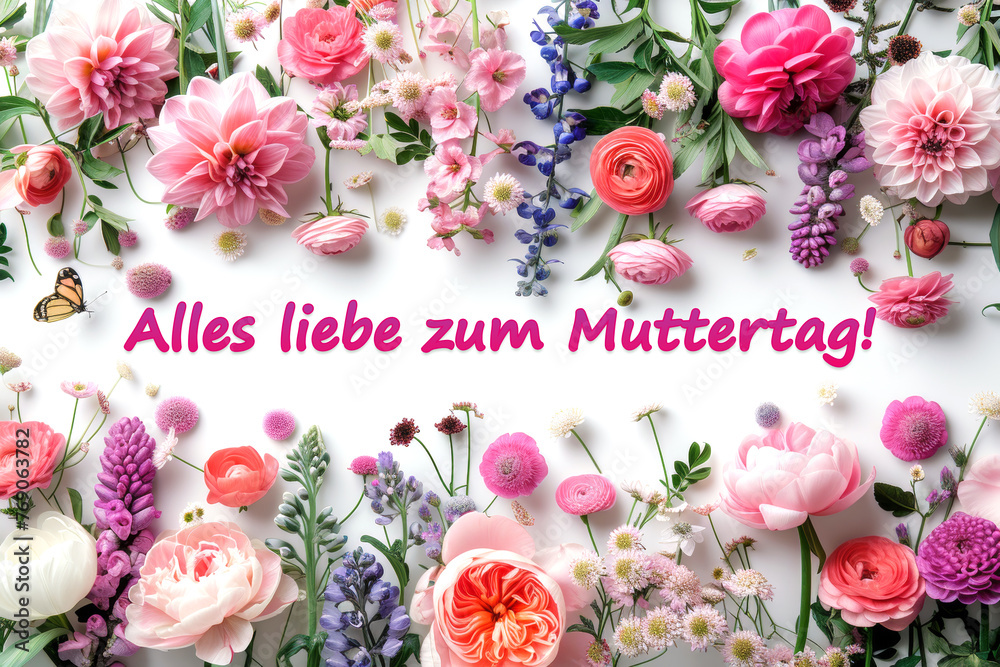 Happy Mother’s Day in German text with Floral colorful spring  frame