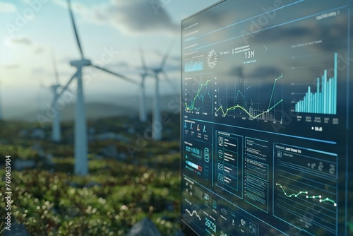 Futuristic Energy Analysis Interface with Wind Turbines in Background
