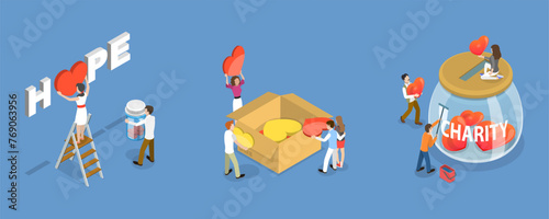 3D Isometric Flat Vector Illustration of Charity Services, Volunteering Help
