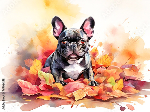 Watercolor A mischievous French Bulldog peeking out from behind a pile of colorful autumn leavesl photo