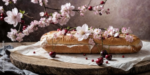   Bread on board with cherry blossoms