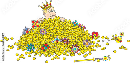 Large pile of gold coins and jewels from a royal treasury of a greedy angry king of a fairytale kingdom, vector cartoon illustration on white