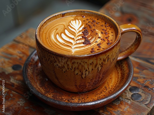 a cappuccino that is made with leaf shapes  in the style of dark orange and white  wood  captured essence of the moment  high-angle  organic contours. Generative AI