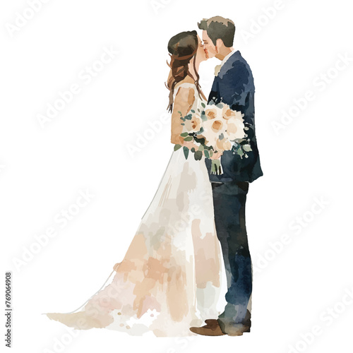 A Couple Wedding Bride And Groom Holding a Bouquets Vector Watercolor Ilustration