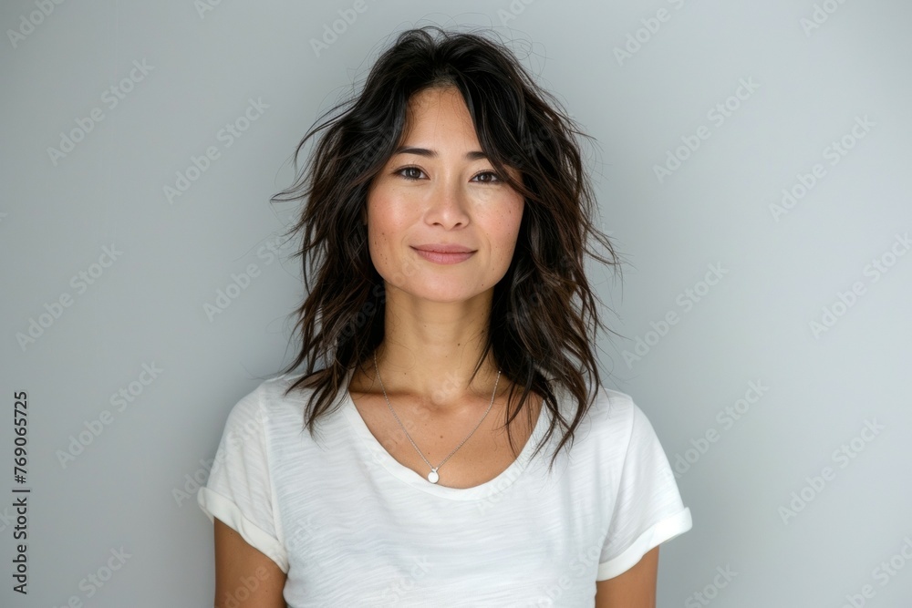 A woman with long hair and a necklace is smiling for the camera A woman with long hair and a necklace is smiling for the camera