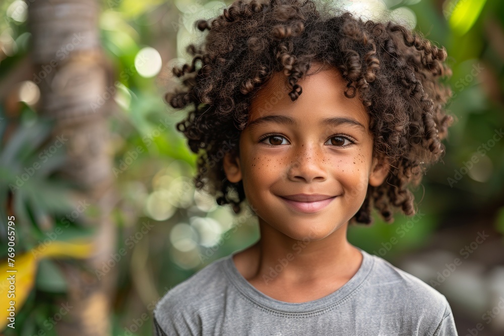 A young boy with curly hair is smiling and looking at the camera A young boy with curly hair is smiling and looking at the camera