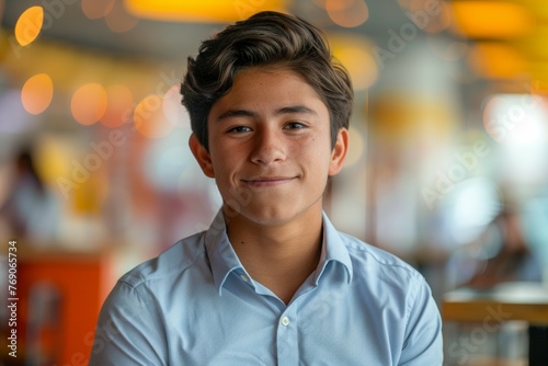 A young man is smiling and wearing a blue shirt © top images