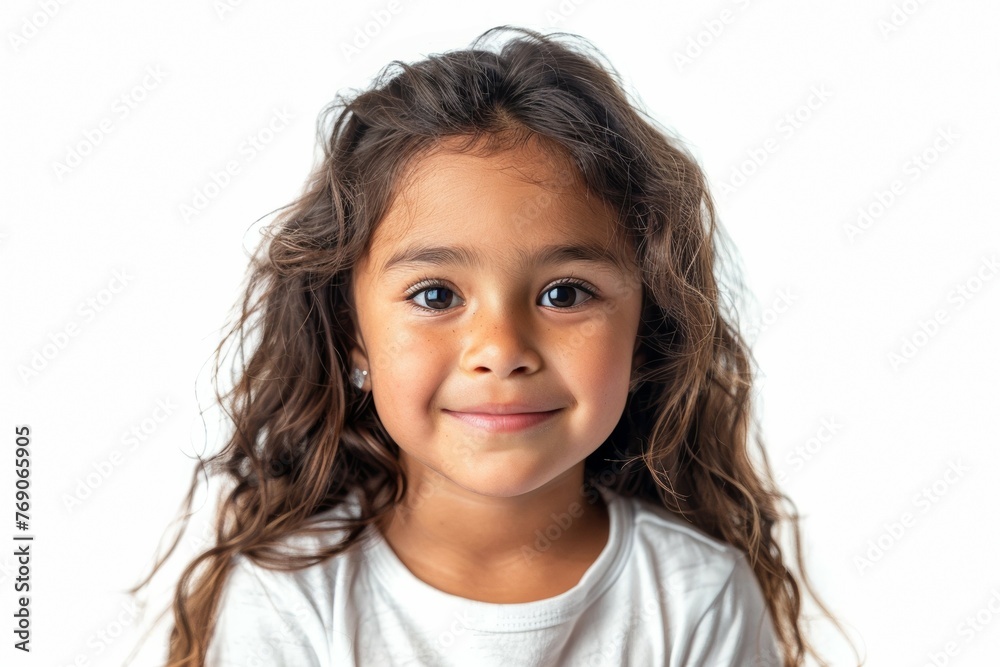 A young girl with long hair is smiling at the camera A young girl with long hair is smiling at the camera