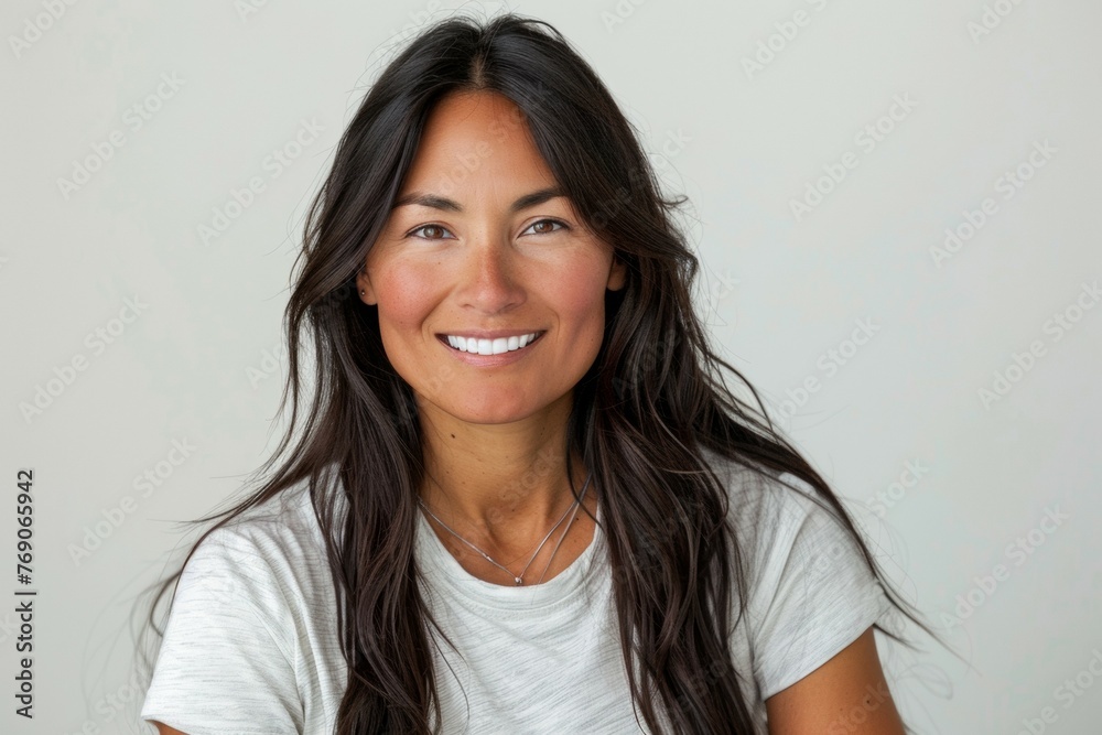 A woman with long hair is smiling and wearing a white shirt