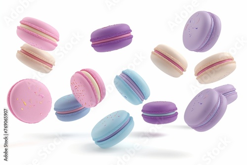 Various colorful macarons floating on the air isolated, macarons floating, macarons background, macarons background for banner, colorful macarons floating, biscuits floating, biscuits background