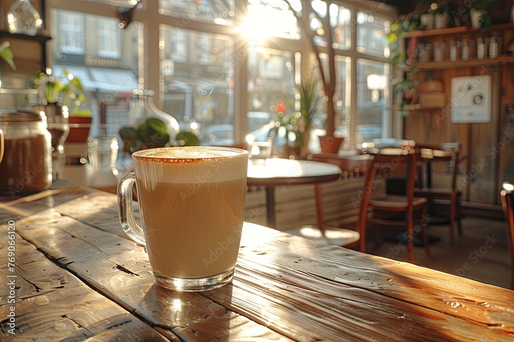 an latte in the background of a cafe table, in the style of lens flare, organic modernism, light white and dark brown. Generative AI an latte in the background of a cafe table, in the style of lens flare, organic modernism, light white and dark brown. Generative AI