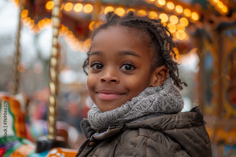 Young African American girl with a carousel backdrop showing a serene smile Young African American girl with a carousel backdrop showing a serene smile