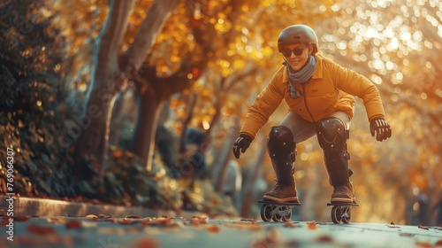 An active senior woman is freeline skating down a sunlit path covered with autumn leaves, her joy and vitality shining through amidst the vibrant fall foliage.