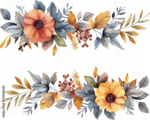 Watercolor autumn floral garland, leaves and flowers in muted colors, simple design, isolated on white background, clipart with empty space for text.