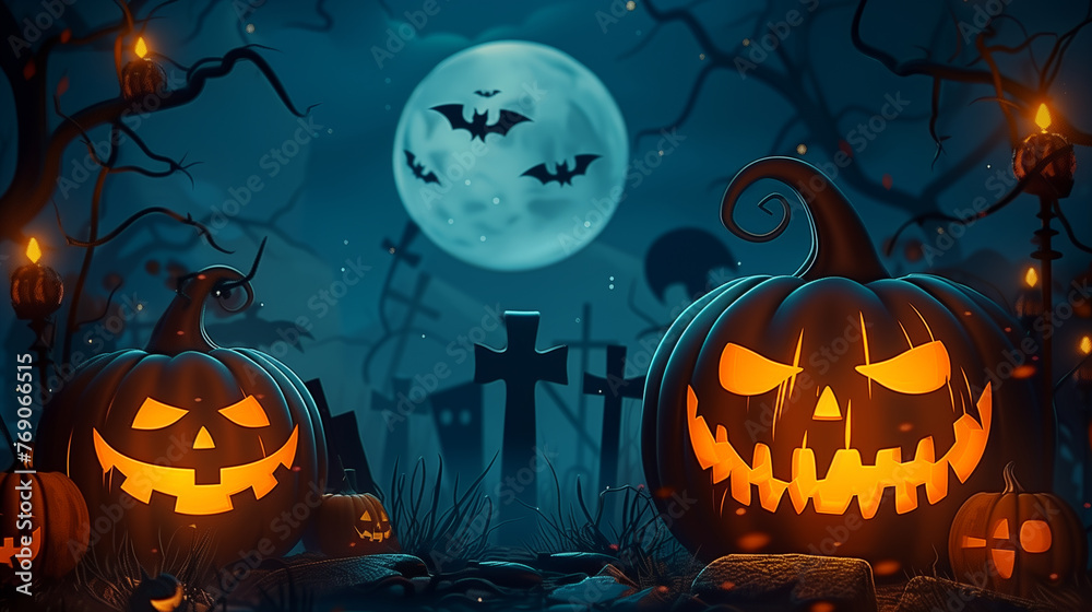 Illustration of a creepy Halloween background, featuring jack-o'-lanterns, grave markers, and a moonlit night.