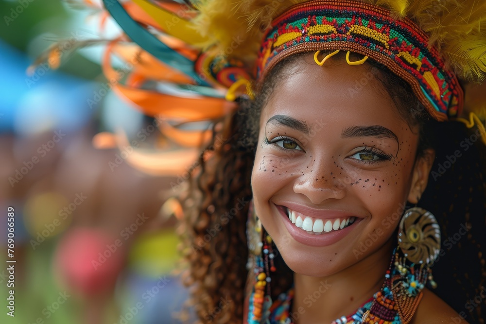A beaming woman in traditional festival wear, complete with feathered headpiece, celebrates culture and unity