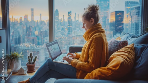 A young woman sits comfortably in her urban apartment, working on her laptop with a stunning city skyline bathed in sunrise light in the background.