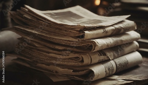 Historical Insights: Selective Focus on Stack of Old Newspapers