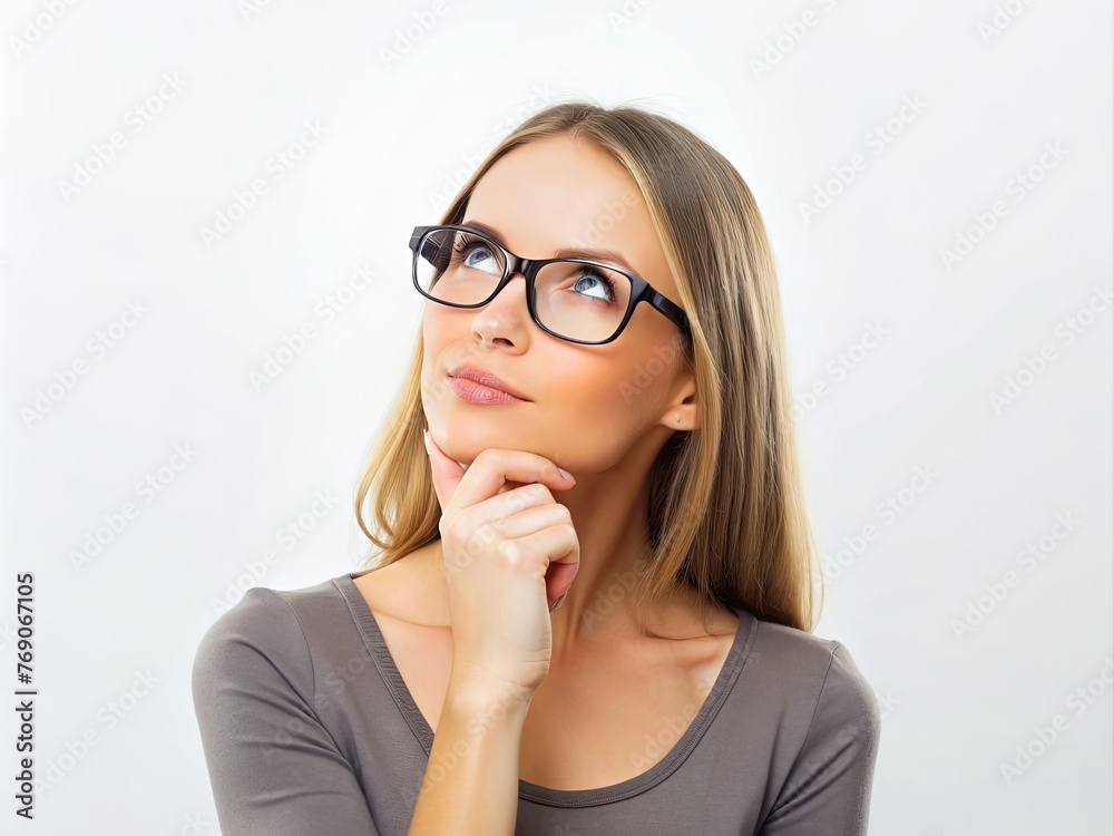 Pensive woman with hand on chin looking up