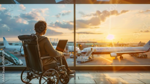 Man in Wheelchair Looking Out Airport Window © Prostock-studio
