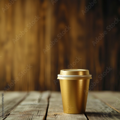 Closeup of a golden coffee mug to go on a wooden background