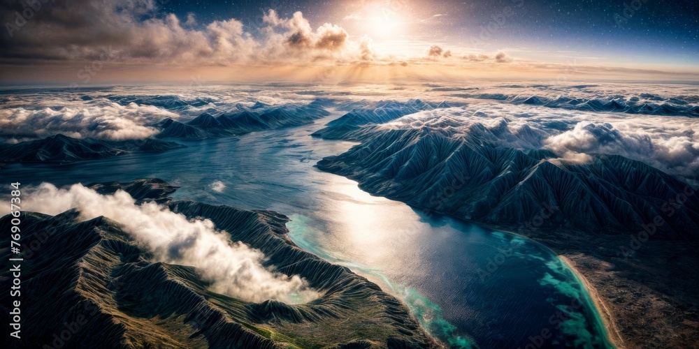 A birds-eye perspective of mountains, lake in close proximity, and water nearby A birds-eye perspective of mountains, lake in close proximity, and water nearby