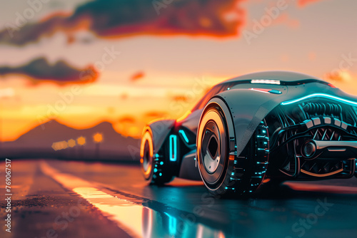 Futuristic car concept with neon lighting at sunset. © connel_design