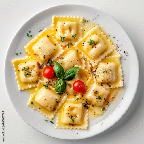 A top view of ravioli with parsley on the plate. Isolated on white