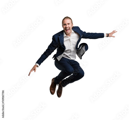Full length business man in black suit jumping isolated on transparent