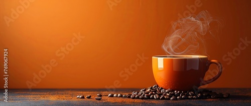 coffee mug with steam and coffee beans on a orange background, in the style of photorealistic still life, smokey background, photo-realistic compositions. Generative AI