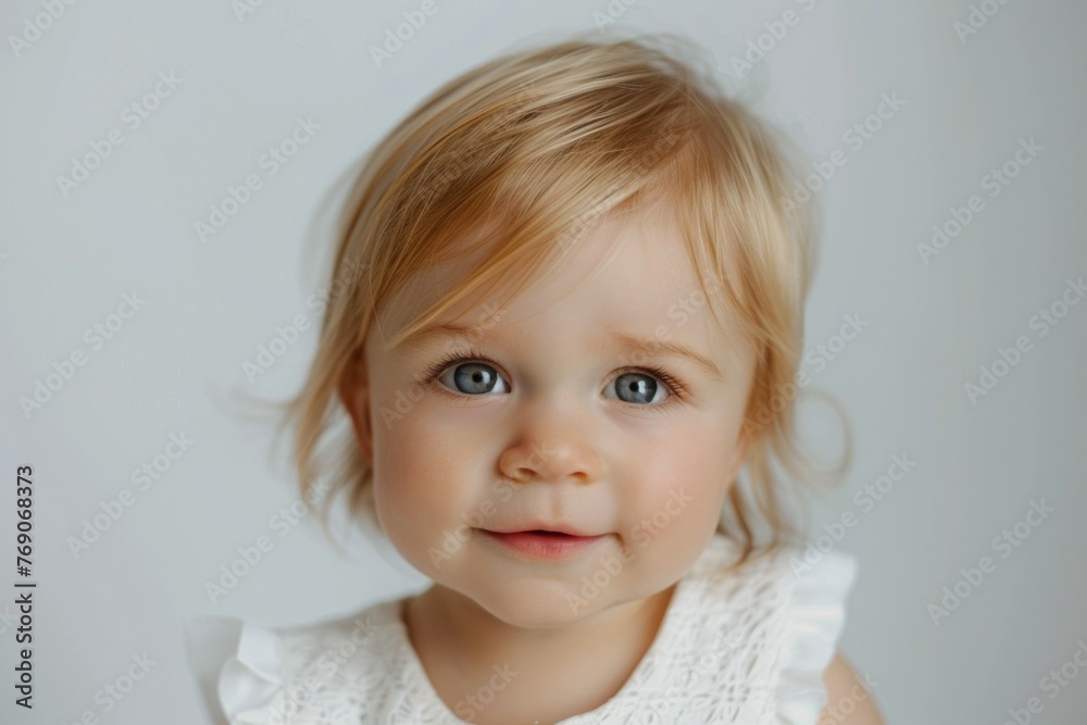 A young blonde child with blue eyes is smiling at the camera