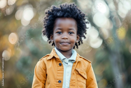 A young boy with curly hair is wearing a yellow jacket and smiling