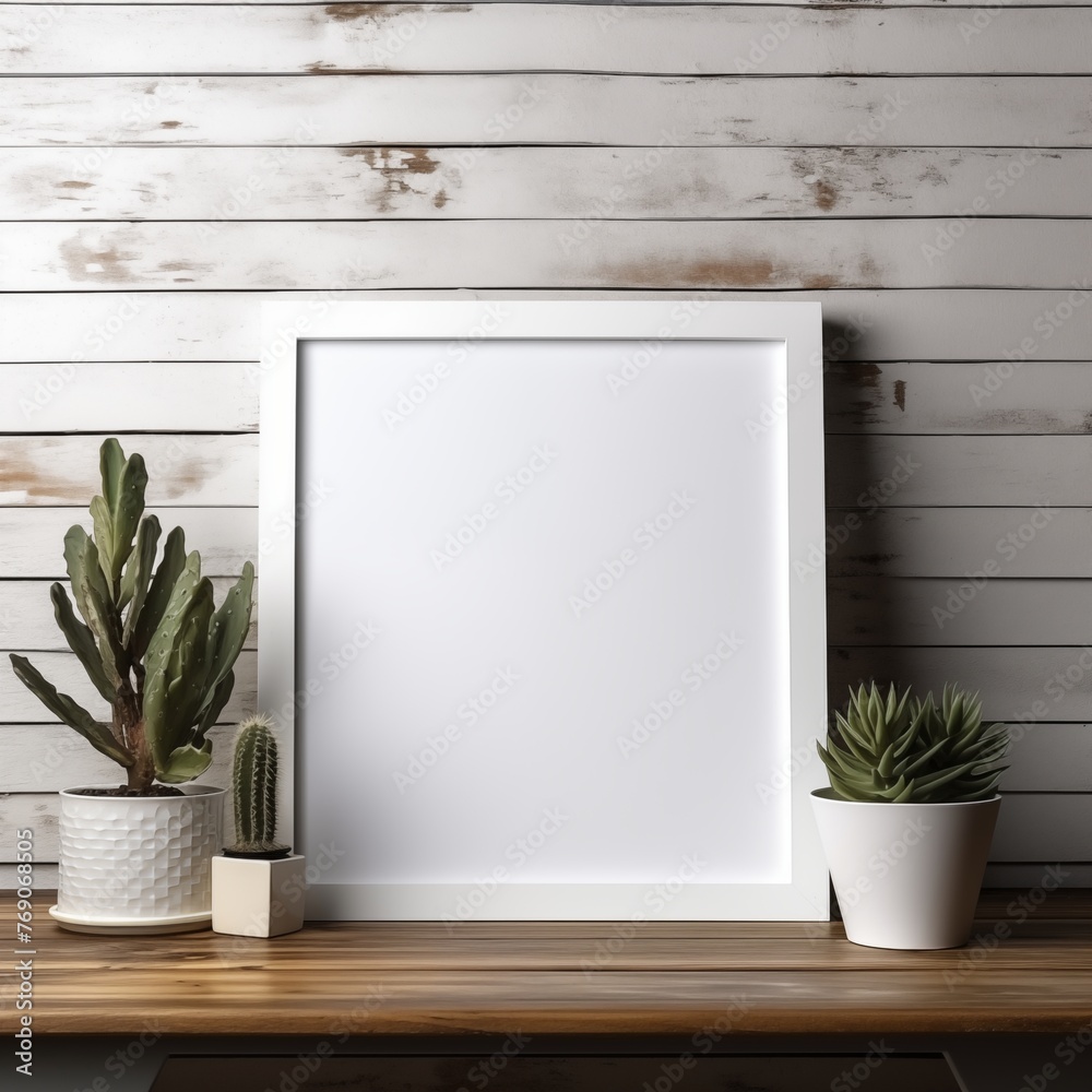 White frame mockup with succulent plants on a wooden shelf for interior design