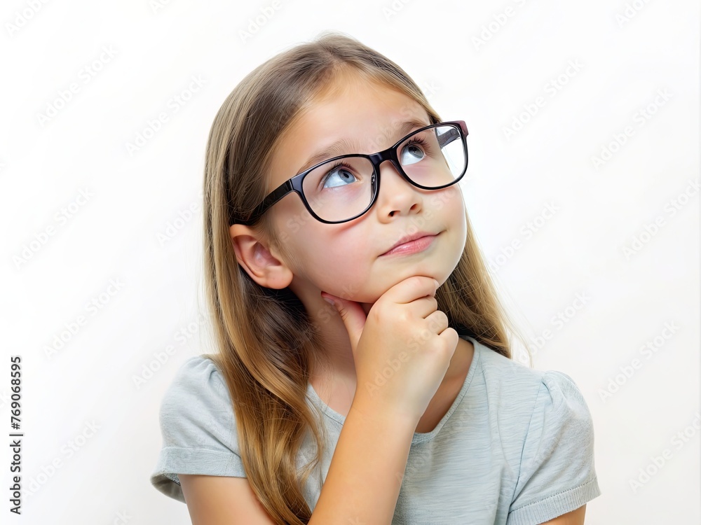 Pensive girl with hand on chin looking up