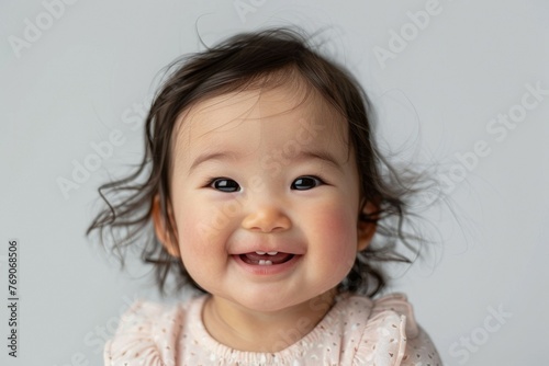 A baby girl with brown hair and a pink dress is smiling and has her mouth open