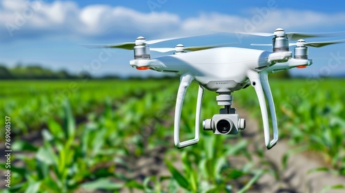 A graceful white quadcopter soars elegantly above a lush green field, its rotors spinning with precision against the backdrop of a clear blue sky