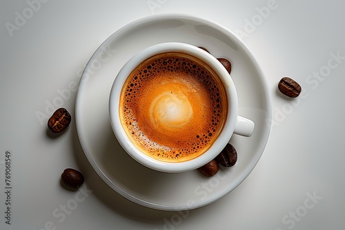 hot espresso on white in saucer, in the style of aerial view, cinquecento, focus stacking, shaped canvas. Generative AI photo
