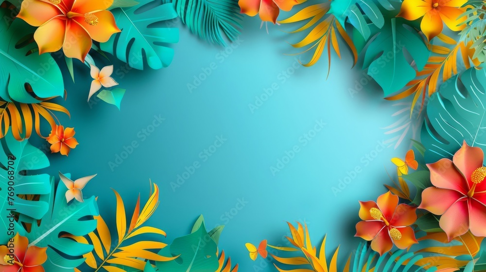 paper style, summer, flowers, leaves, yellow, green, background with an empty space for text and copy in the middle, 16:9