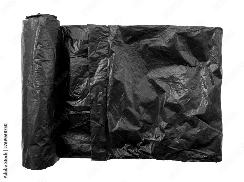 Rolled black garbage bag on a white background. Garbage roll isolate. View from above Rolled black garbage bag on a white background. Garbage roll isolate. View from above